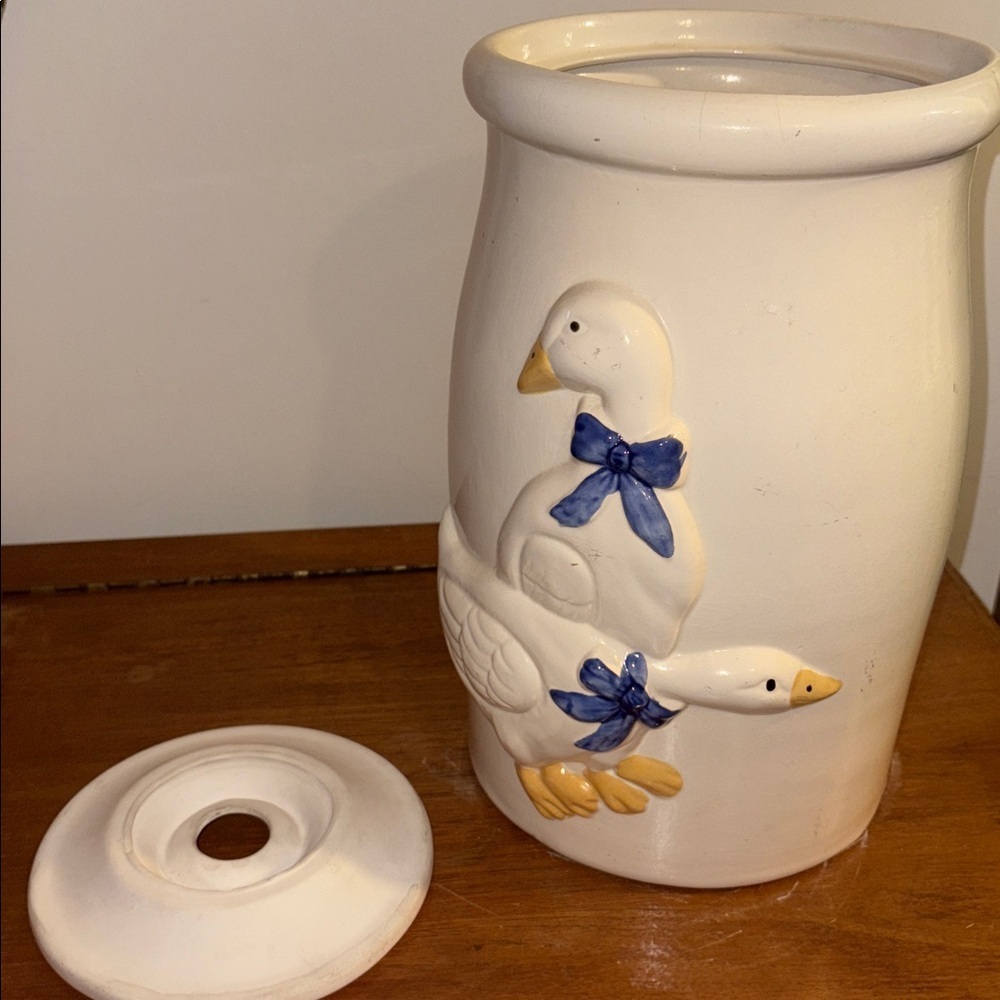 Large Country Geese Ducks Ceramic Butter Churner Crock Vintage 80s Rustic Farm - Picture 11 of 17